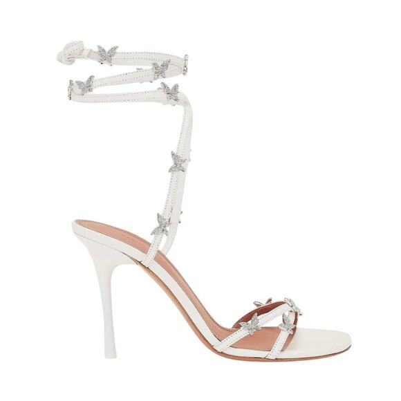 AMINA MUADDI Debora 95 Lace Up Sandal In White & White Crystals 38 with box